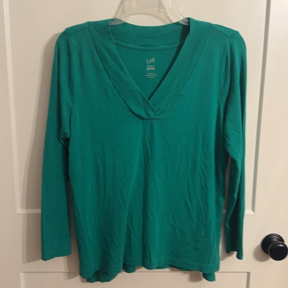 J. Jill Top Sz L Green Perfect Pima Long Sleeve V Neck T Shirt Cotton Travel